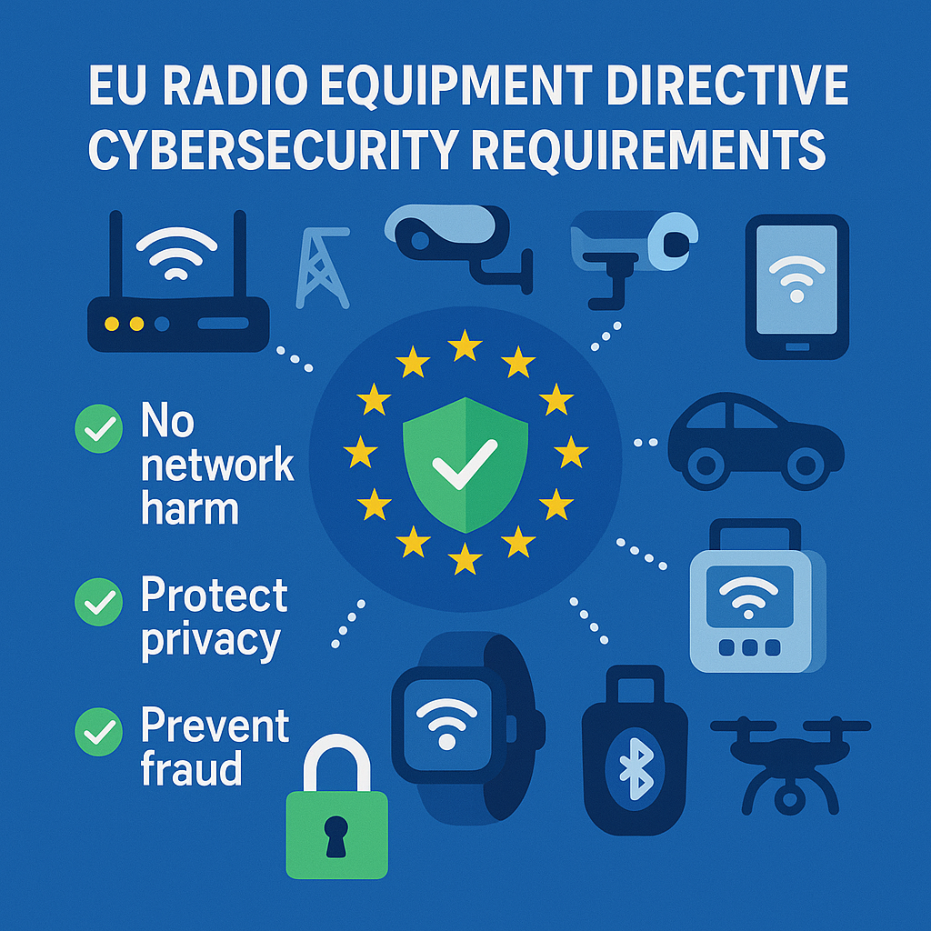RED (Radio Equipment Directive) cybersecurity overview showing Articles 3(3)(d), (e), and (f) requirements for network protection, data privacy, and fraud prevention